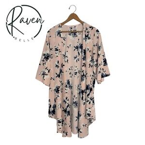 Pink Blush Floral Print Kimono Open Front Pink‎ Blue Medium Bohemian